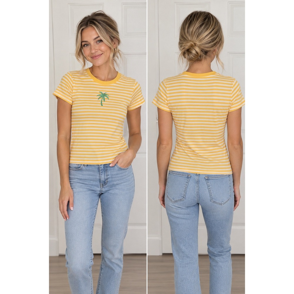 Talbots Petites Yellow White Striped Palm Tree Pima Cotton T-Shirt Size P